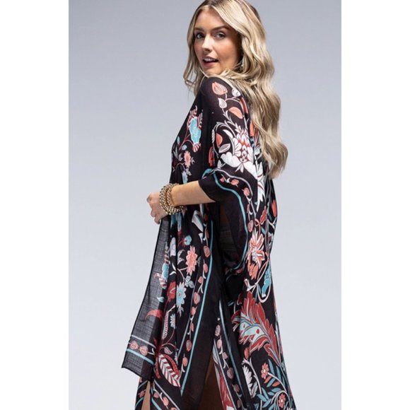 SOLD OUT Teal Black Leaf & Flower Printed Kimono Open Wrap Coverup Kimono Top - Picture 3 of 5